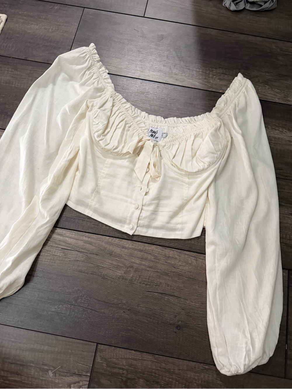 Princess Polly Cream Off-Shoulder Peasant Long-Sleeve Crop Top